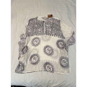 NWT White Boho Long Sleeve Tunic 4 Button Pockets with Navy Sunburst Om Symbol